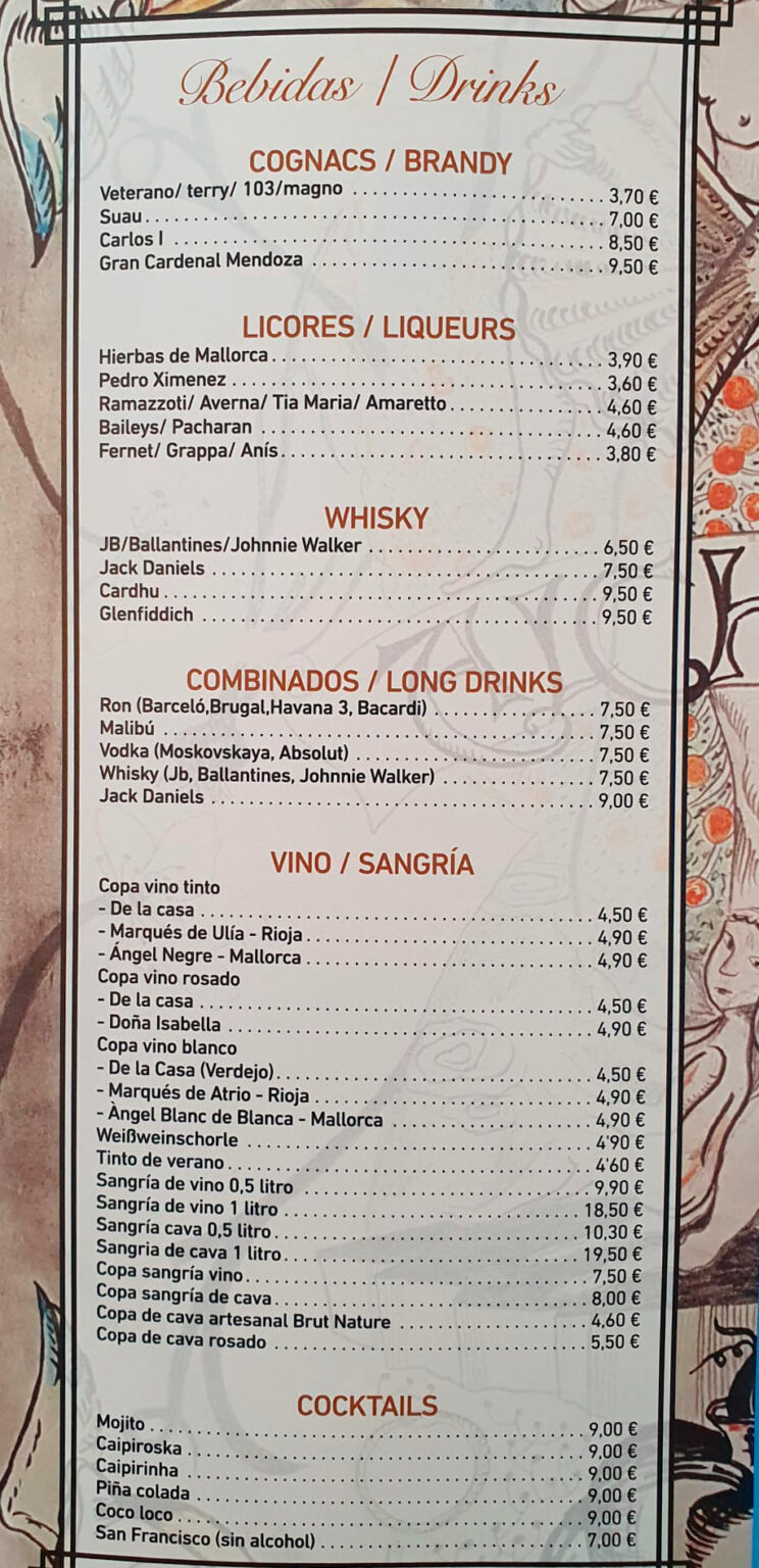 bebidas restaurante cala santanyi