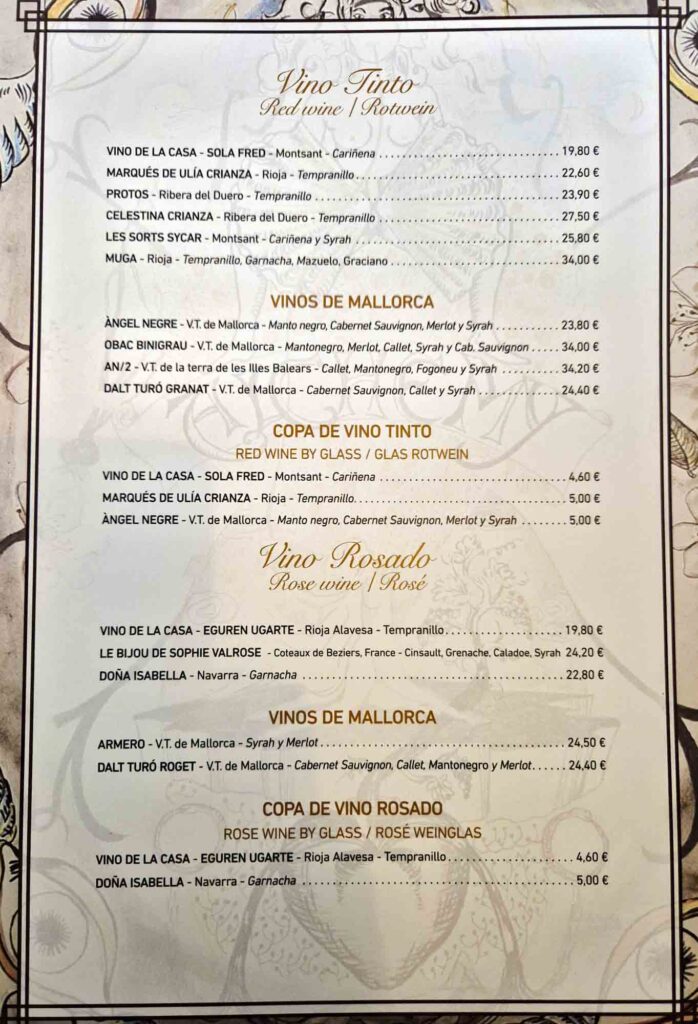 Carta vinos restaurante santanyi